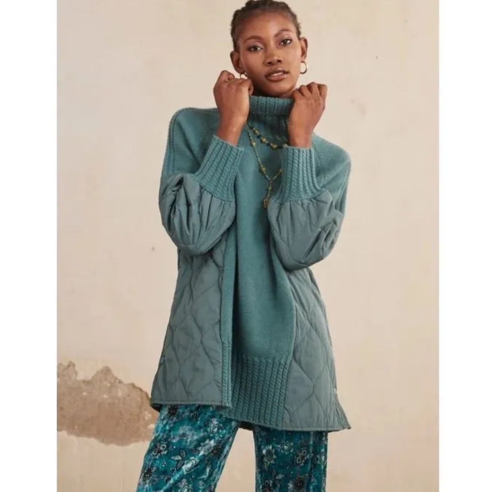 Nekane Teal Green Ebele Side Snap Quilted Turtleneck Sweater Small/Medium NWT